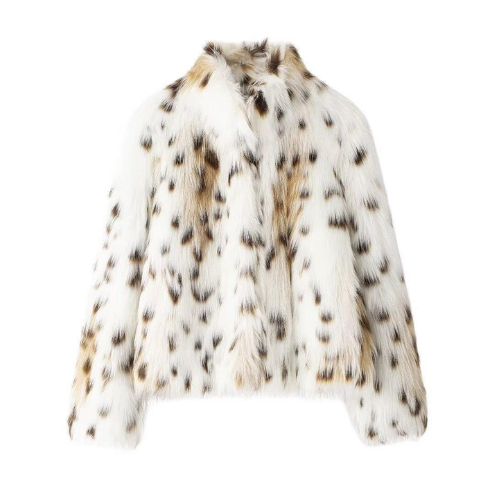 Dam kort kviltad Faux Fur jacka med Leopard Spot mönster och ståkrage