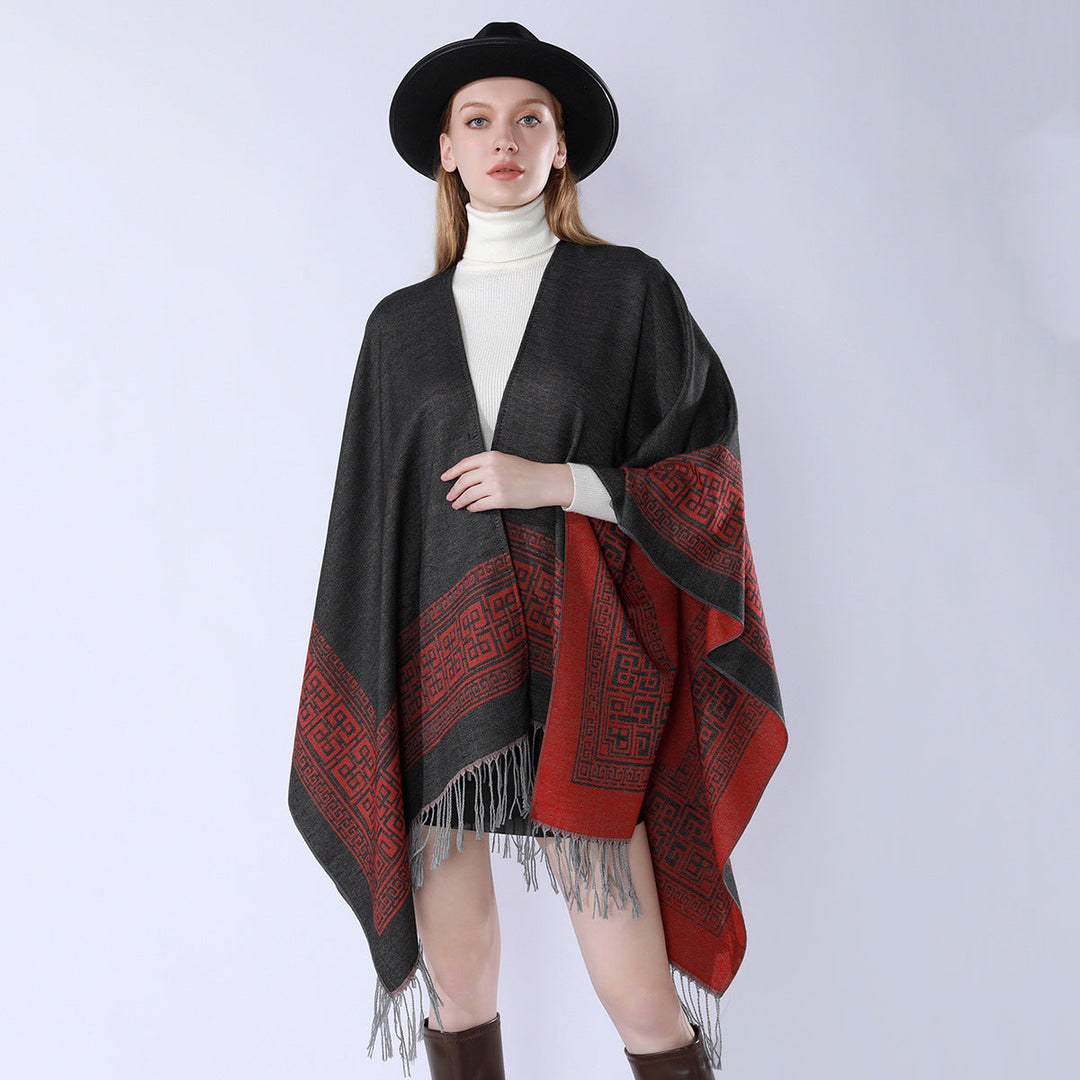 Dam Reversible ullblandning kimono stil Wrap med Ornamental Border och Decorative Fringes
