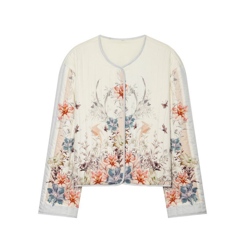 Dam quiltad flower kofta jacka med rund hals, light vaddering och continuous press stud placket