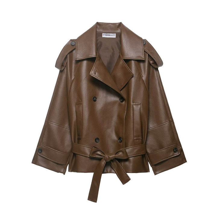 Dam Kort Trenchcoat i Läderlook med Double-Breasted Knapp Knäppning, Shoulder Epaulettes och Waist Belt