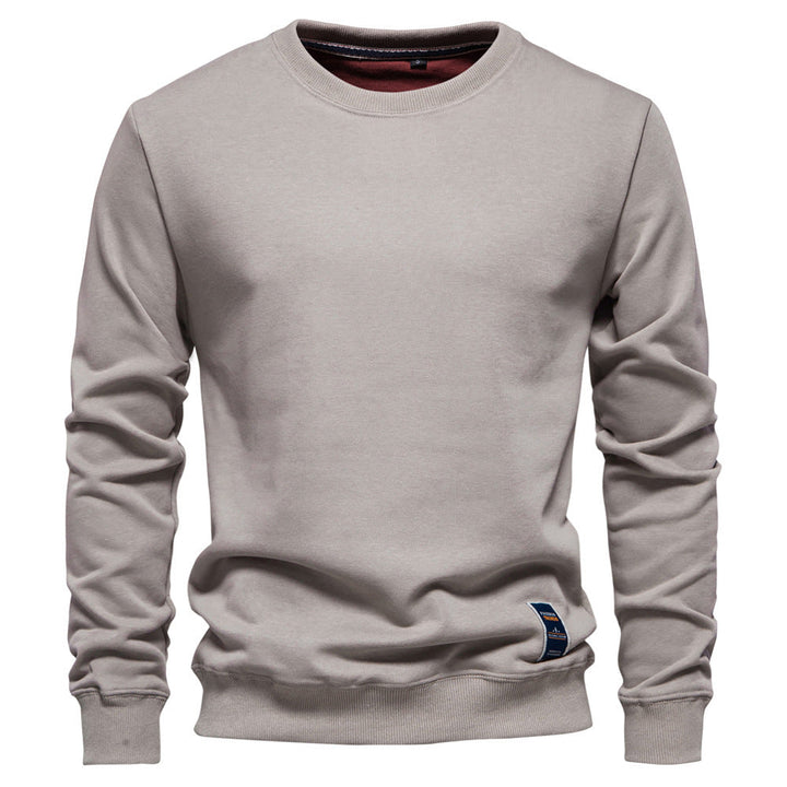 Herr Klassisk Crew Neck College-Tröja Gjord av Kraftig Bomullsblandning med Fleece Inner Side och Ribbstickade Muddar