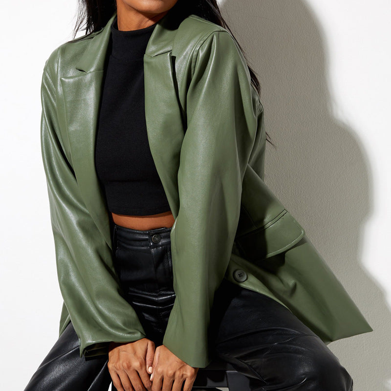 Dam Oversized Konstläder Blazer Jacka