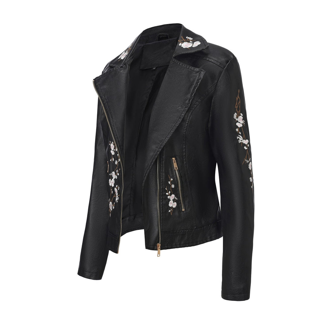 Dam embroidered figursydd konstläder bikerjacka med asymmetrisk dragkedja