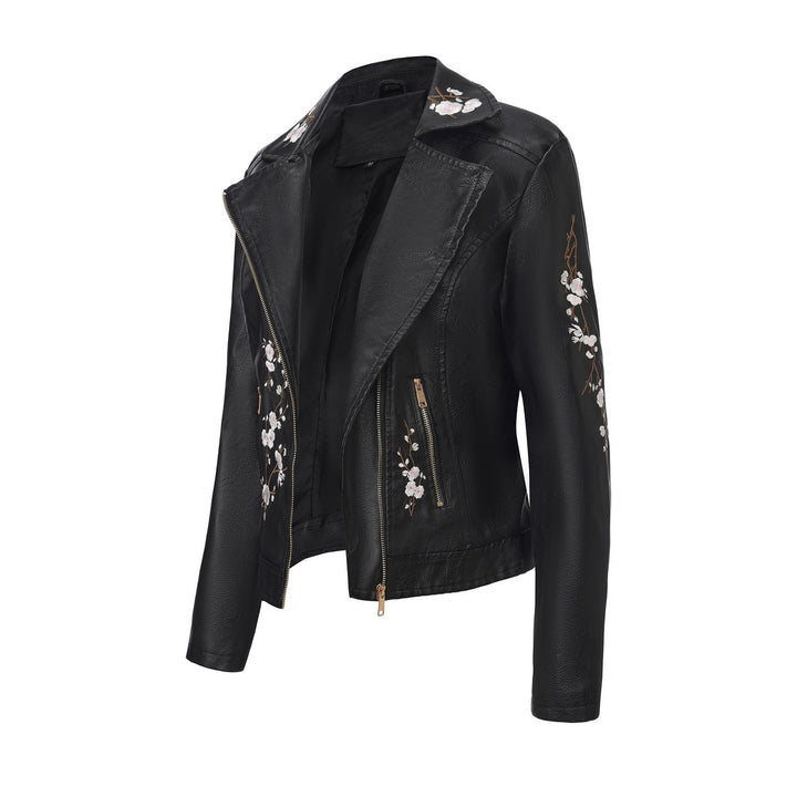 Dam embroidered figursydd konstläder bikerjacka med asymmetrisk dragkedja