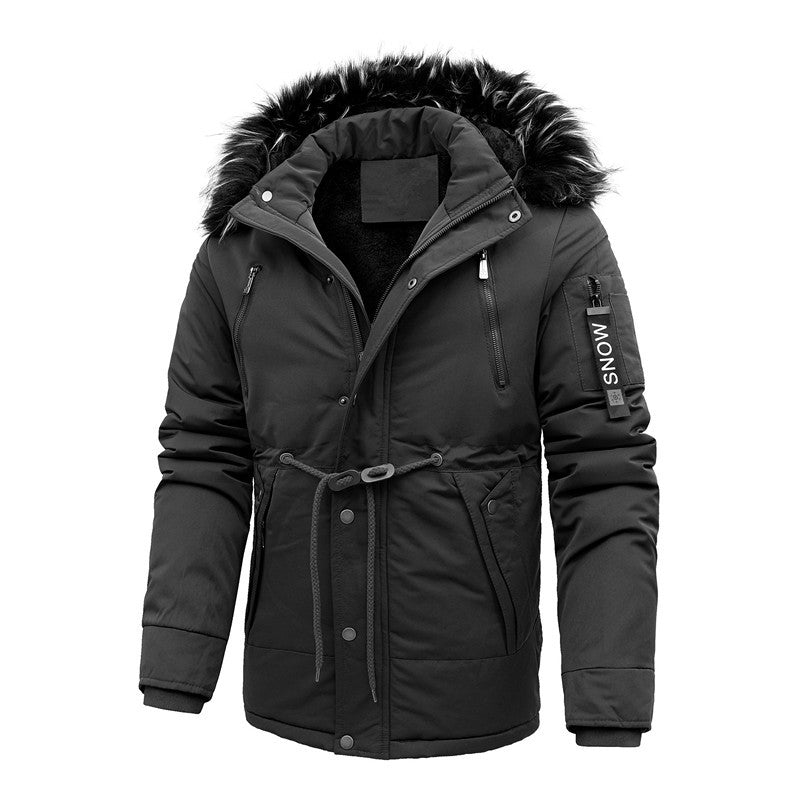 Herr vadderad parka jacka med fusk päls huva och midja drawstring