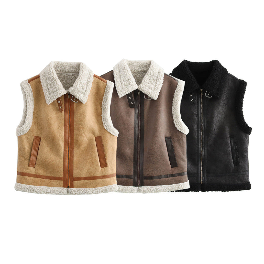 Dam vadderad lambskin imitation väst med stor Sherpa krage, dragkedja och sidofickor