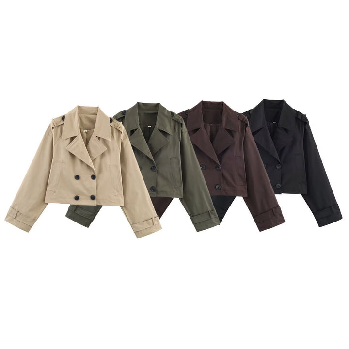 Dam kort Double-Breasted trenchcoat med vid Lapels, Epaulettes och boxig skärning