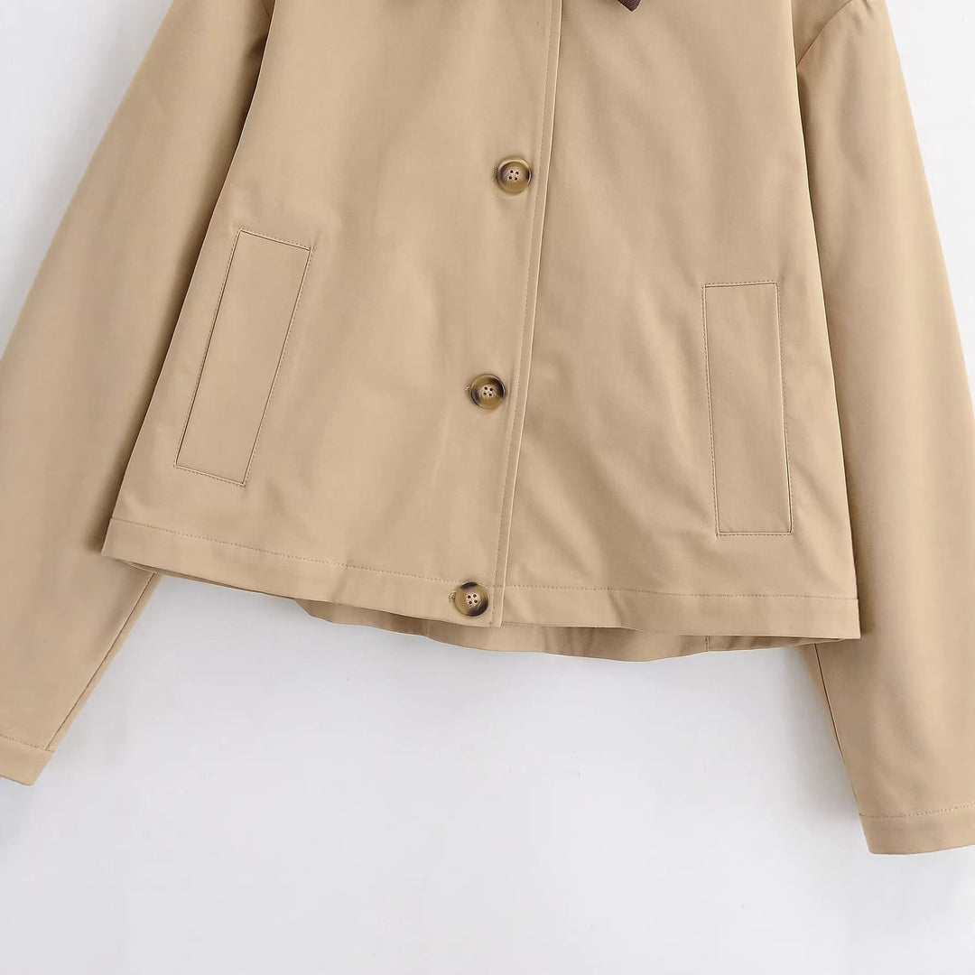 Dam Kort Skärning Blouson Jacka med Contrast Krage och Avslappnad Boxig Silhuett