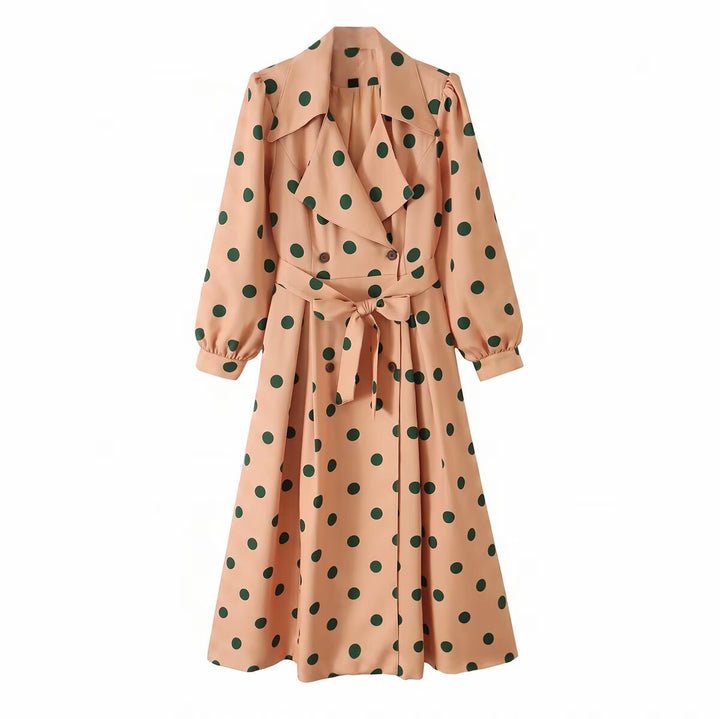 Dam lång Double-Breasted trenchcoat med Ruffle krage, Balloon ärmar och midjebälte