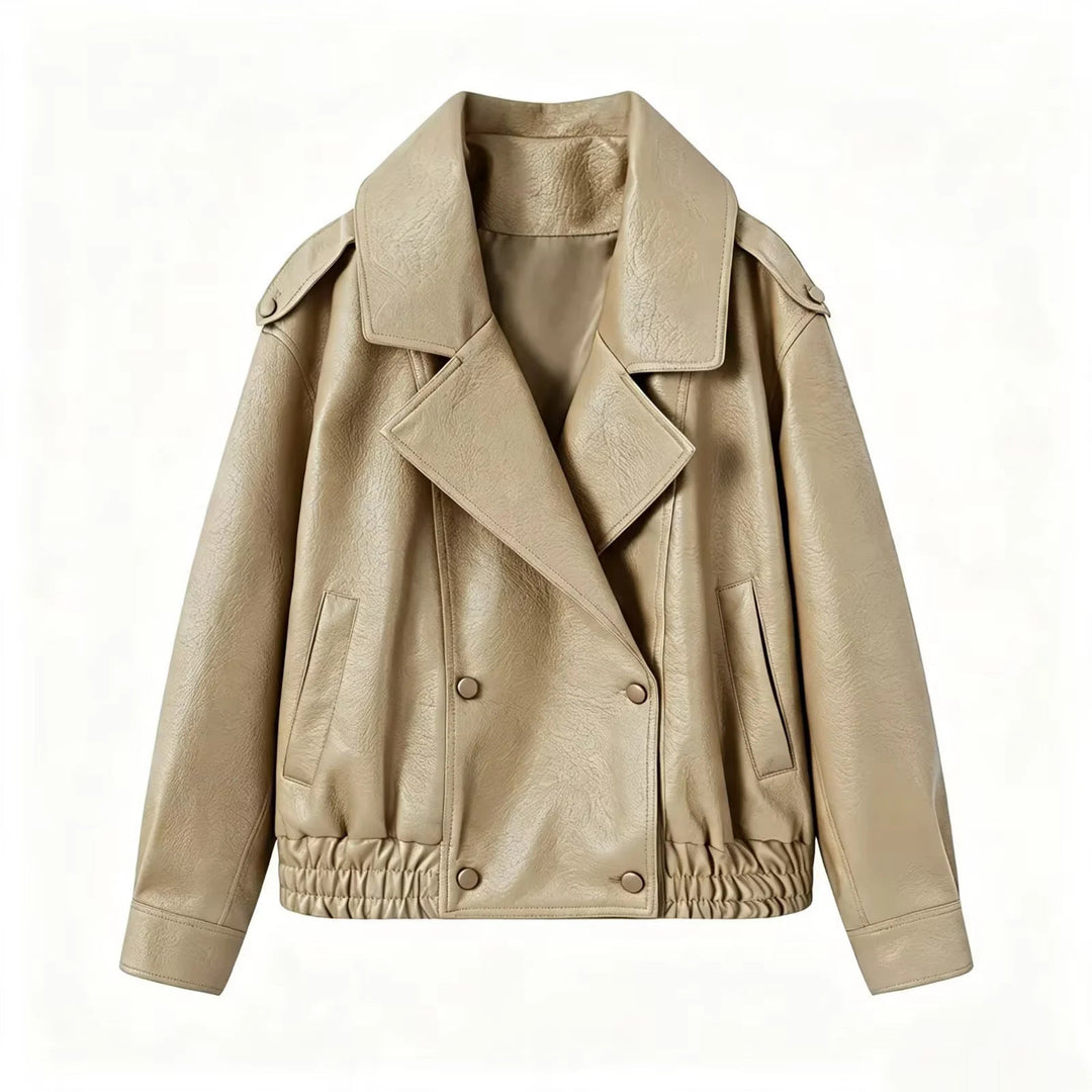 Dam cropped double-breasted konstläder blouson med bred krage och elastisk fåll