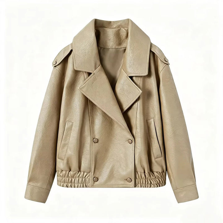Dam cropped double-breasted konstläder blouson med bred krage och elastisk fåll
