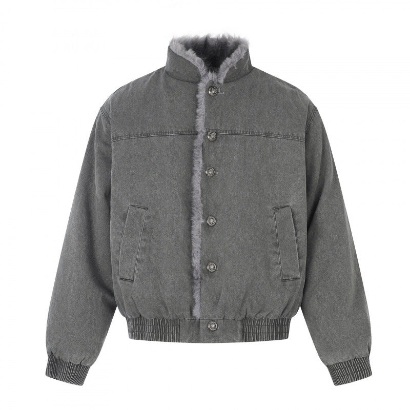 Herr kort skärning blouson jacka med fusk päls foder, ståkrage och elastisk fåll