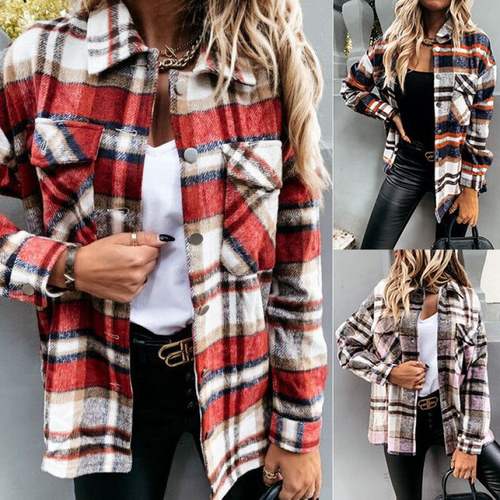 Dam oversized Check Shirt jacka med Snap knappar och Patch bröstfickor