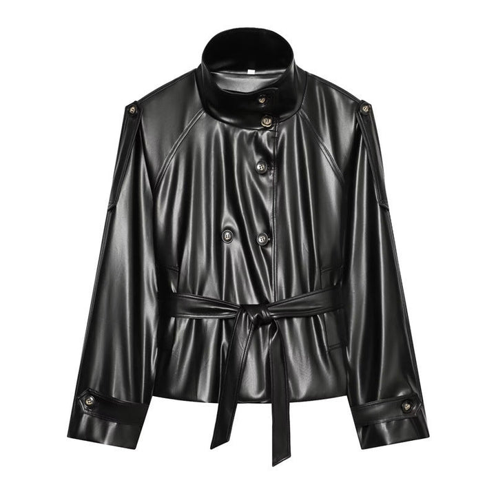 Dam kort konstläder Blouson med hög krage, Double knappslå och knytband