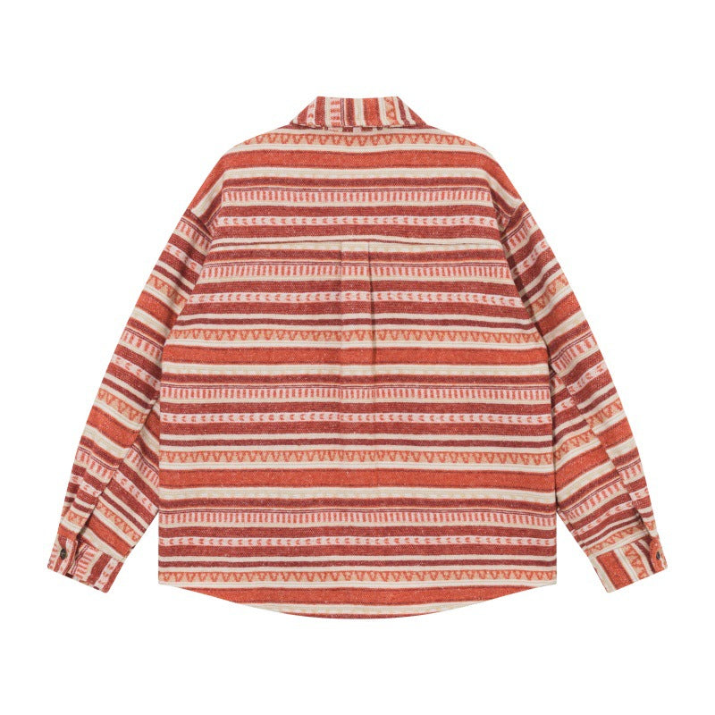 Unisex Oversized Stickad Skjorta Jacka i Ethnic Rand Mönster med Lockfickor