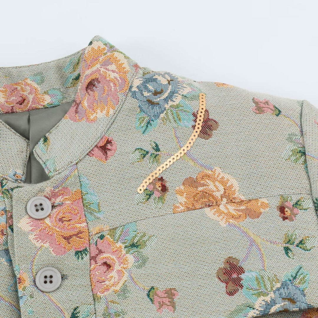 Dam broderad Jacquard kort jacka med Mandarin krage och Flap fickor