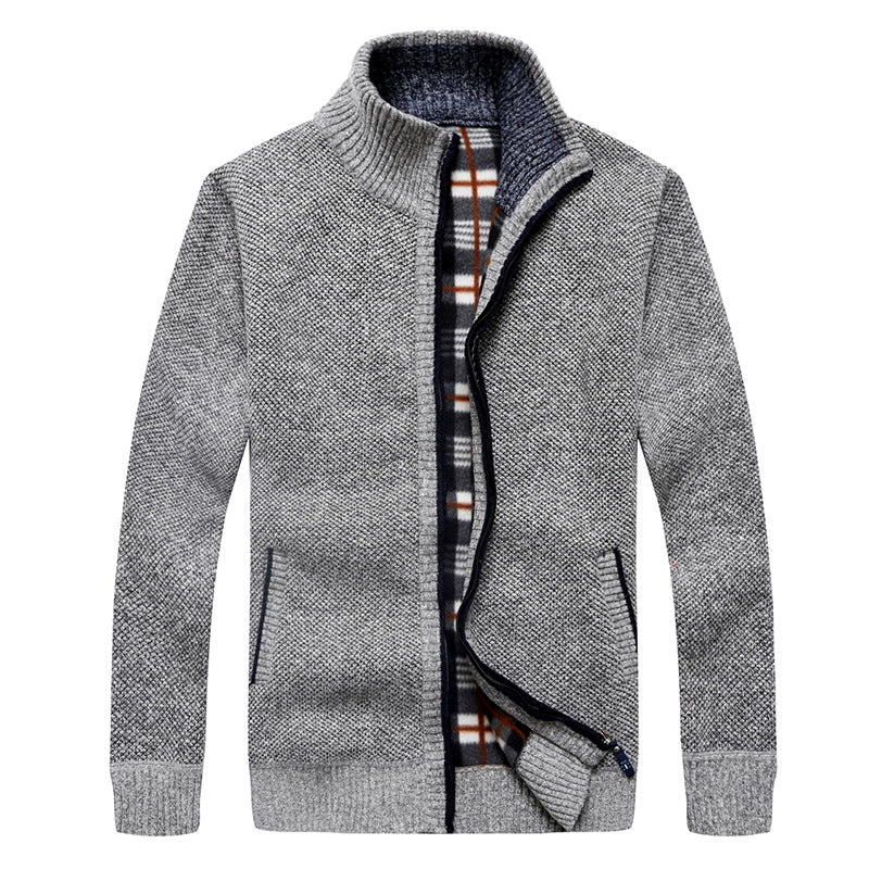 Herr Quiltad Knit Zip Jacka med Stående Krage och Checkered Fleece Inre Sida