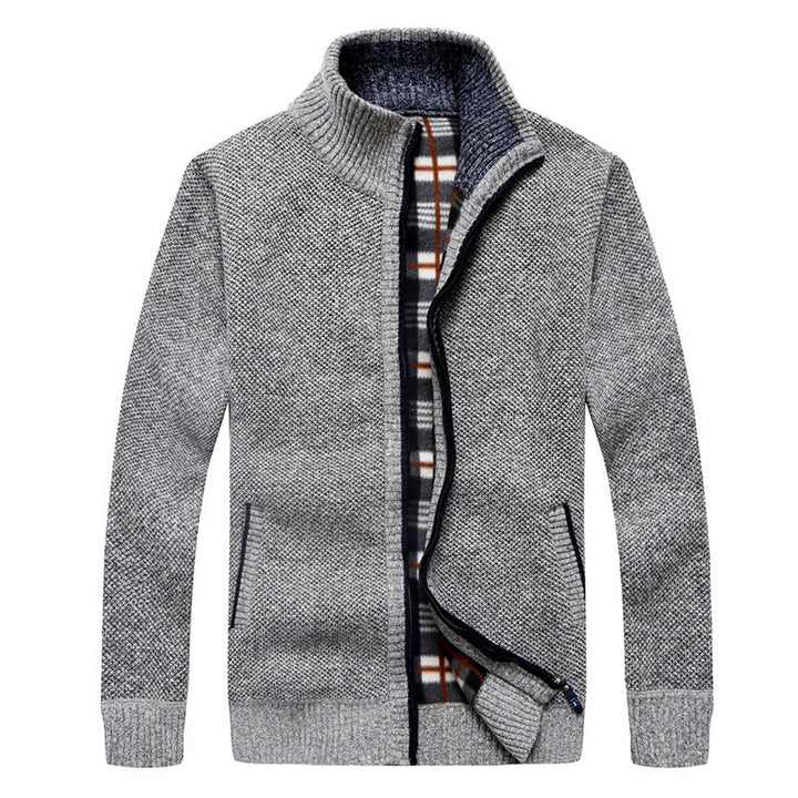 Herr Quiltad Knit Zip Jacka med Stående Krage och Checkered Fleece Inre Sida