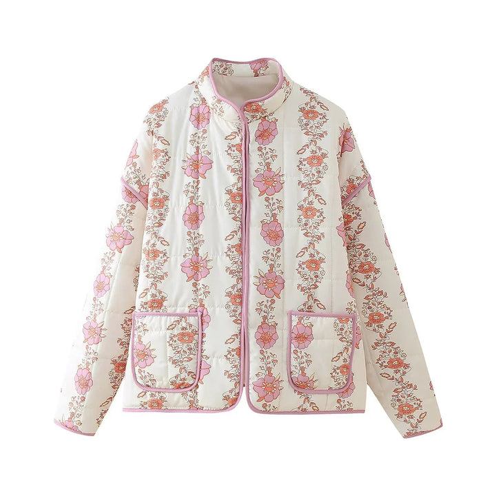Dam quiltad kort jacka med floral alla-över tryck, light vaddering, ståkrage, och påsydda fickor