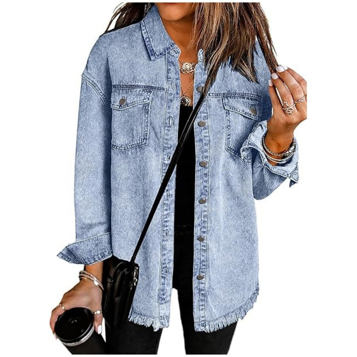 Dam oversize denim skjortjacka med Fringe fåll