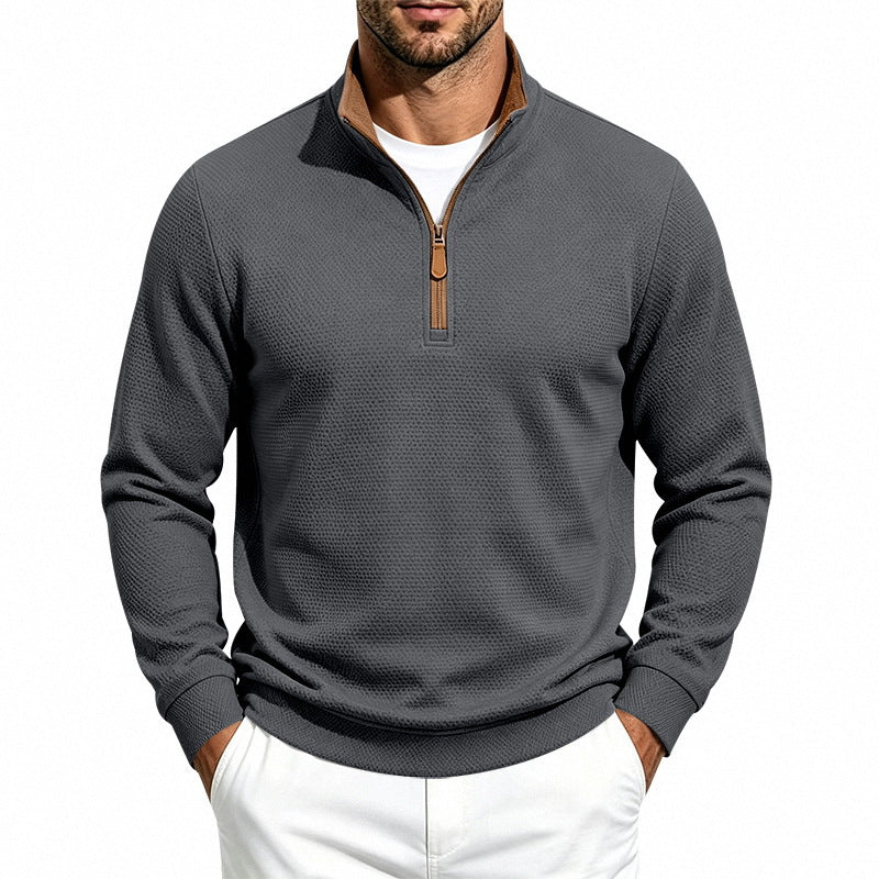 Herr Halv Dragkedja Pullover med Waffle Texture och Contrast Krage