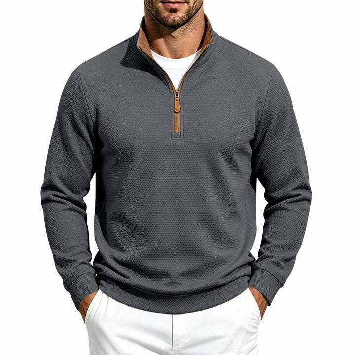 Herr Halv Dragkedja Pullover med Waffle Texture och Contrast Krage