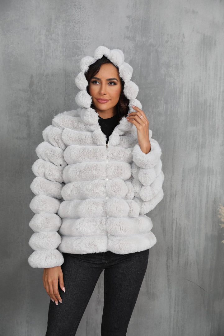 Dam Trendy med huva Jacka Tillverkad Av Fusk Päls med Textured Mönster