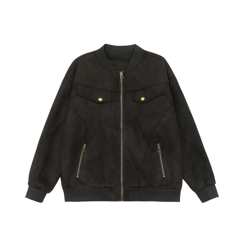 Unisex Kort Jacka i Vintage Mocka Look med Bröst Flaps, Dragkedja Fickor och Ribbstickade Muddar