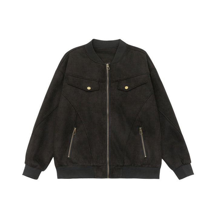 Unisex Kort Jacka i Vintage Mocka Look med Bröst Flaps, Dragkedja Fickor och Ribbstickade Muddar