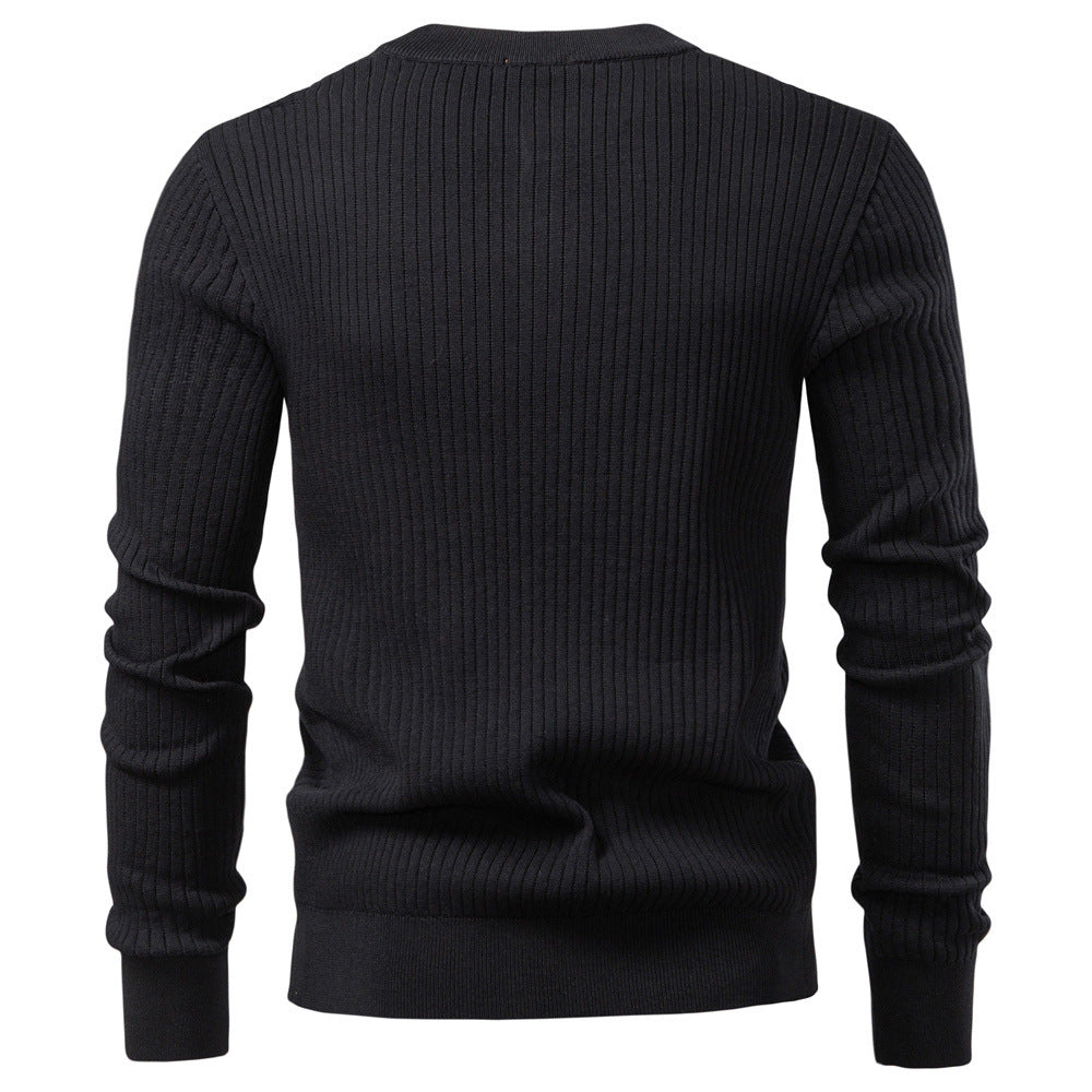 Herr Ribbad Lång-Ärm Henley Pullover med Ståkrage, Fin Rib Stickad och Smal Passform