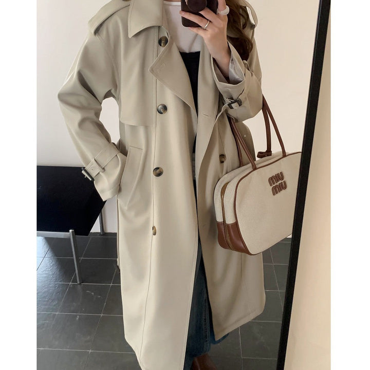 Dam lång trenchcoat med hög krage, Double Storm Flap och justerbar muddar