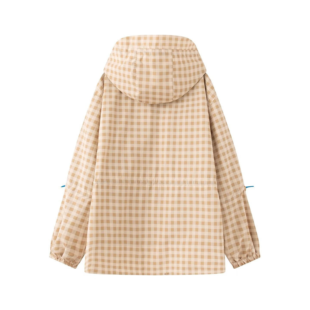 Dam Checked Övergångsjacka med Huva, Drawstring och Vattenavvisande Coating