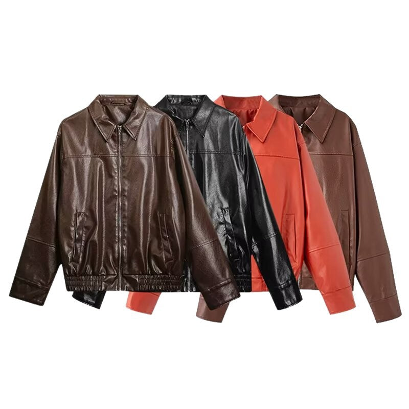 Dam Boxig Konstläder Blouson Jacka med Skjortkrage, Dragkedja och Elastic Fåll