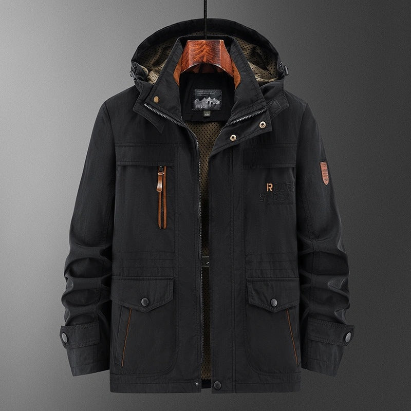 Herr Weatherproof Utility Fältjacka med Huva, Mesh Foder och Multi-Function Fickor