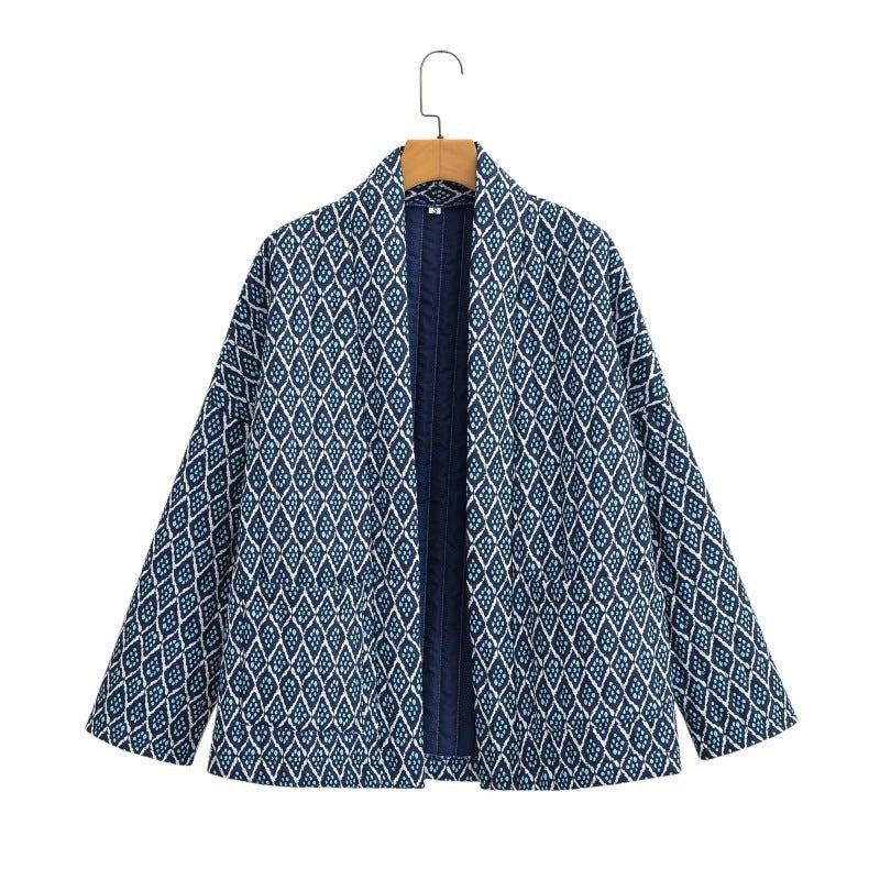 Dam mönstrad kviltad Kimono jacka med utanpåfickor
