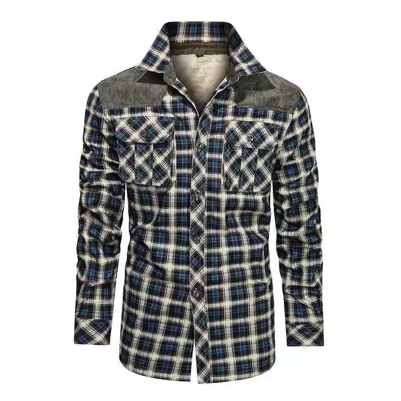 Herr rutmönster flanell jacka med teddyfoder, velvet trim, och breast fickor