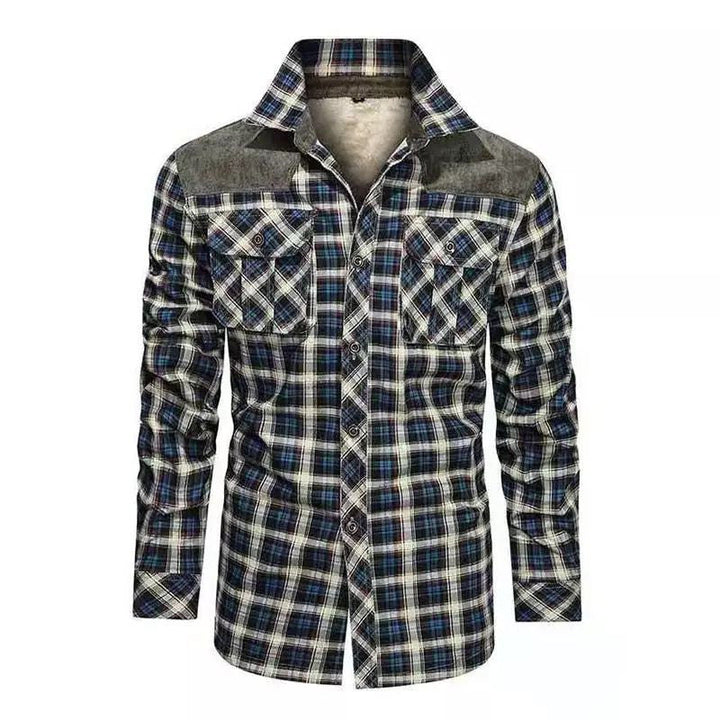 Herr rutmönster flanell jacka med teddyfoder, velvet trim, och breast fickor