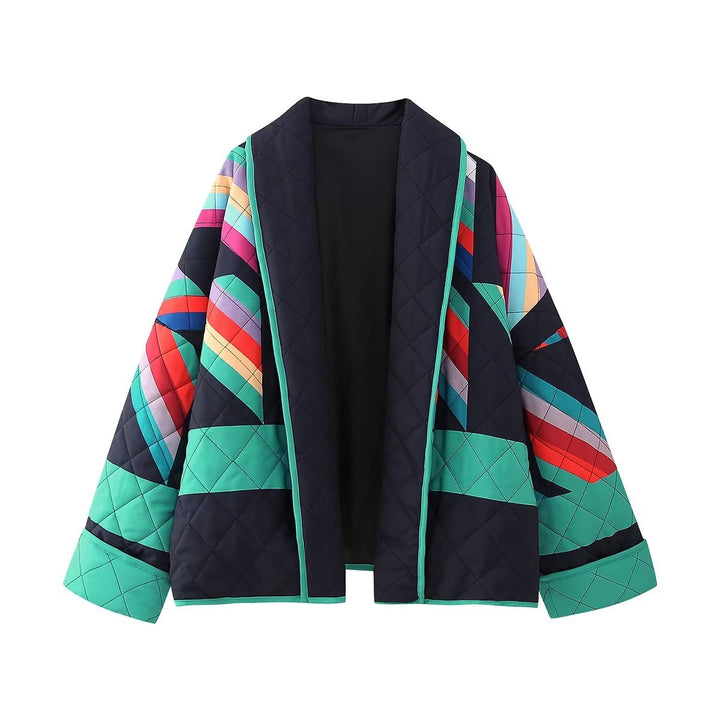 Dam Oversize Quiltad Kimono Jacka med Geometric Color Block Tryck och Wide Ärm Skärning