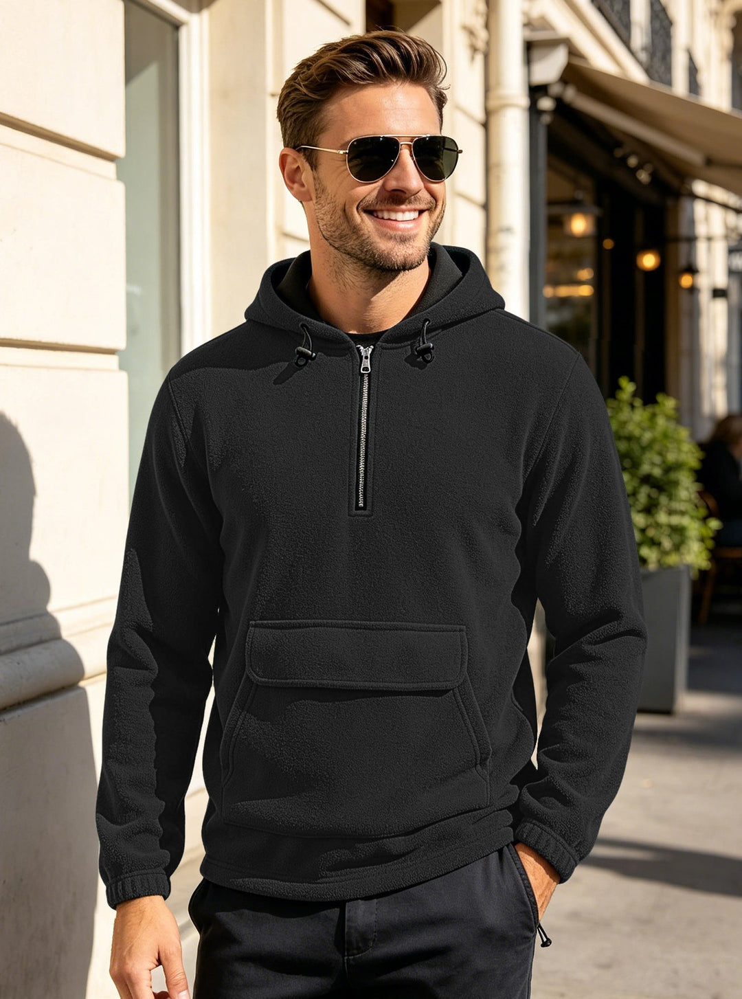 Herr Fleece Luvtröja med Halv Dragkedja, Känguruficka, och Adjustable Huva