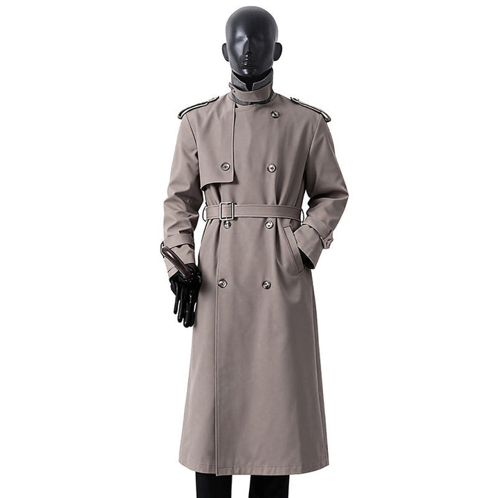 Herr Tidlös Maxi Lång Trench Kappa i Militär Stil med Storm Lock och Midja Bälte