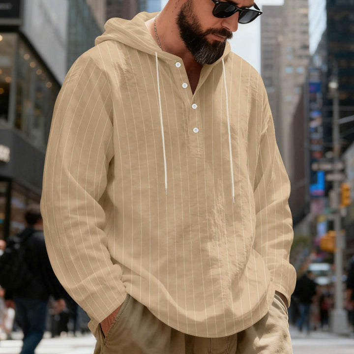 Herr Lätt Luvtröja Henley Skjorta med Fin Pinstripes