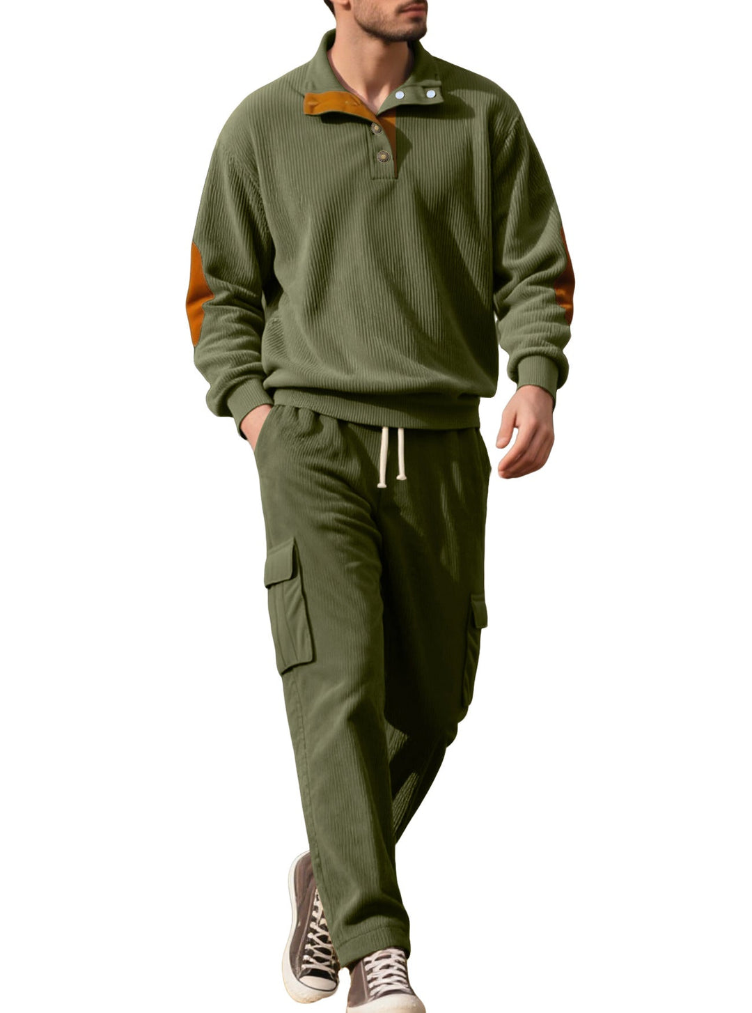 Herr Strukturerad Turtleneck Pullover med Ståkrage, Press Stud Slå, och Velour Elbow Lappar