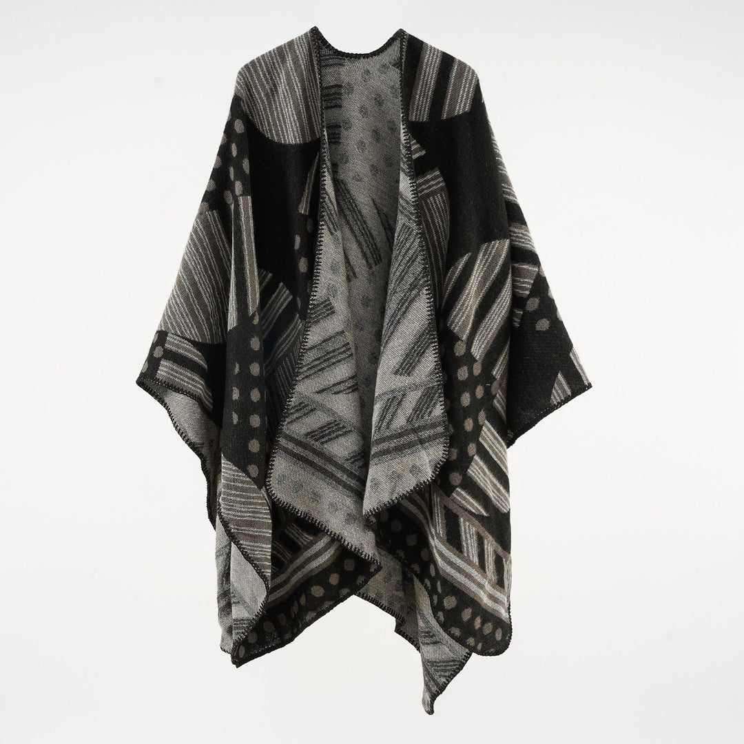 Dam Jacquard Ruana med graphic mönster och overlock edge