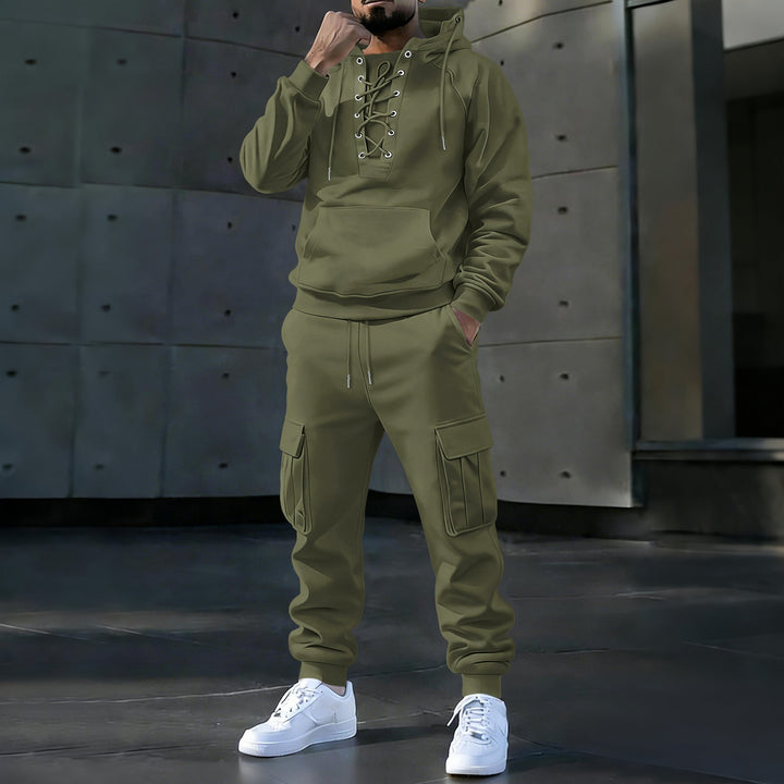 Herr Luvtröja med Distinctive Fram Lacing, Känguruficka, och Elastiska Muddar