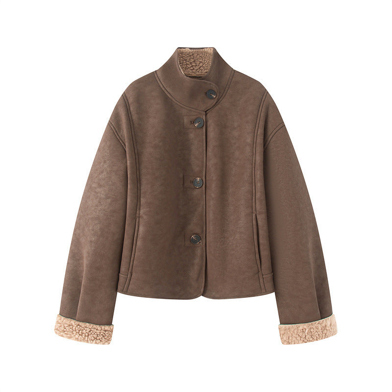 Dam kort lambskin look jacka med high ståkrage och buttoned front