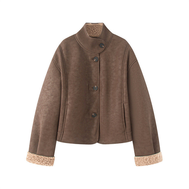 Dam kort lambskin look jacka med high ståkrage och buttoned front