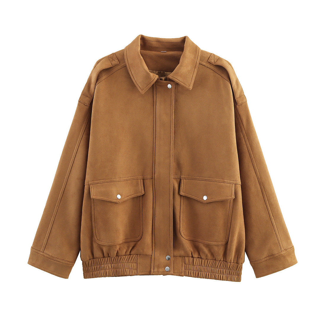 Dam Oversize Velvet-Optic Jacka med Lock Fickor, Tryckknapp Front och Elastic Nederkant