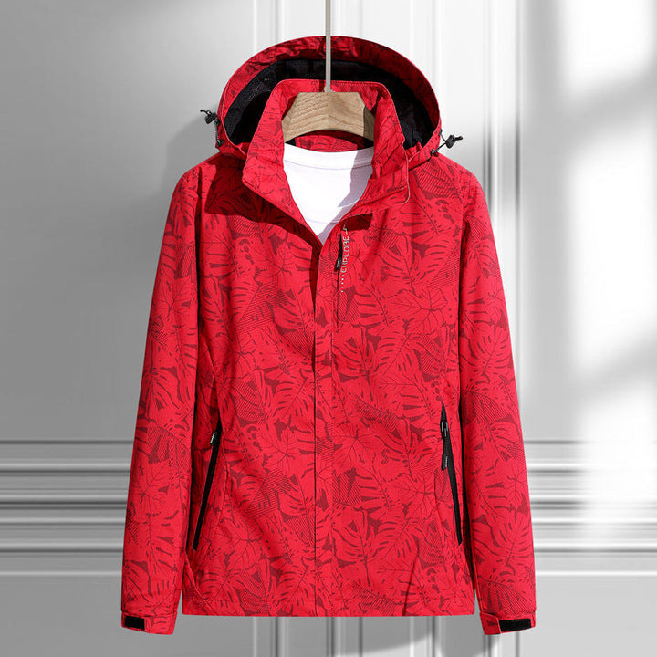 Dam lätt packable regn och wind jacka med huva, leaf mönster och concealed zippers