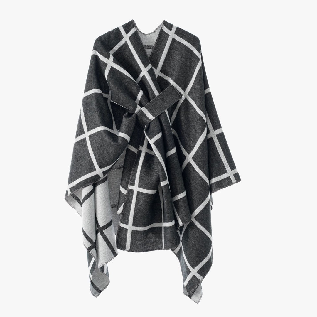 Dam Oversize ullblandning poncho med bälte och Check mönster