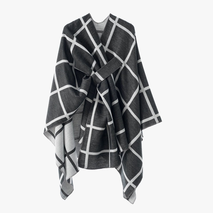 Dam Oversize ullblandning poncho med bälte och Check mönster